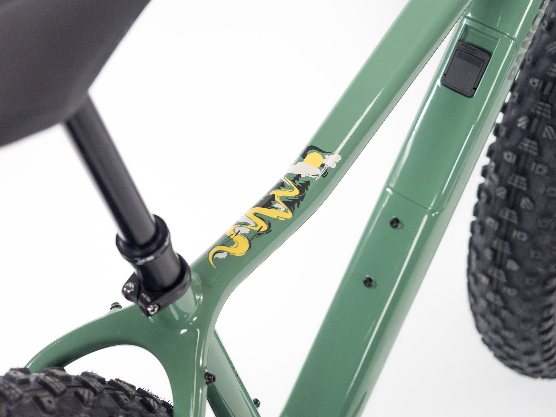 Close-up of green bicycle frame with snake graphic and black seat post, showing tire tread and frame details on white background