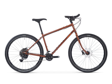 Boreal | All Terrain Touring Bike in rust color with lightweight frame, disc brakes, and mixed terrain tires on white background
